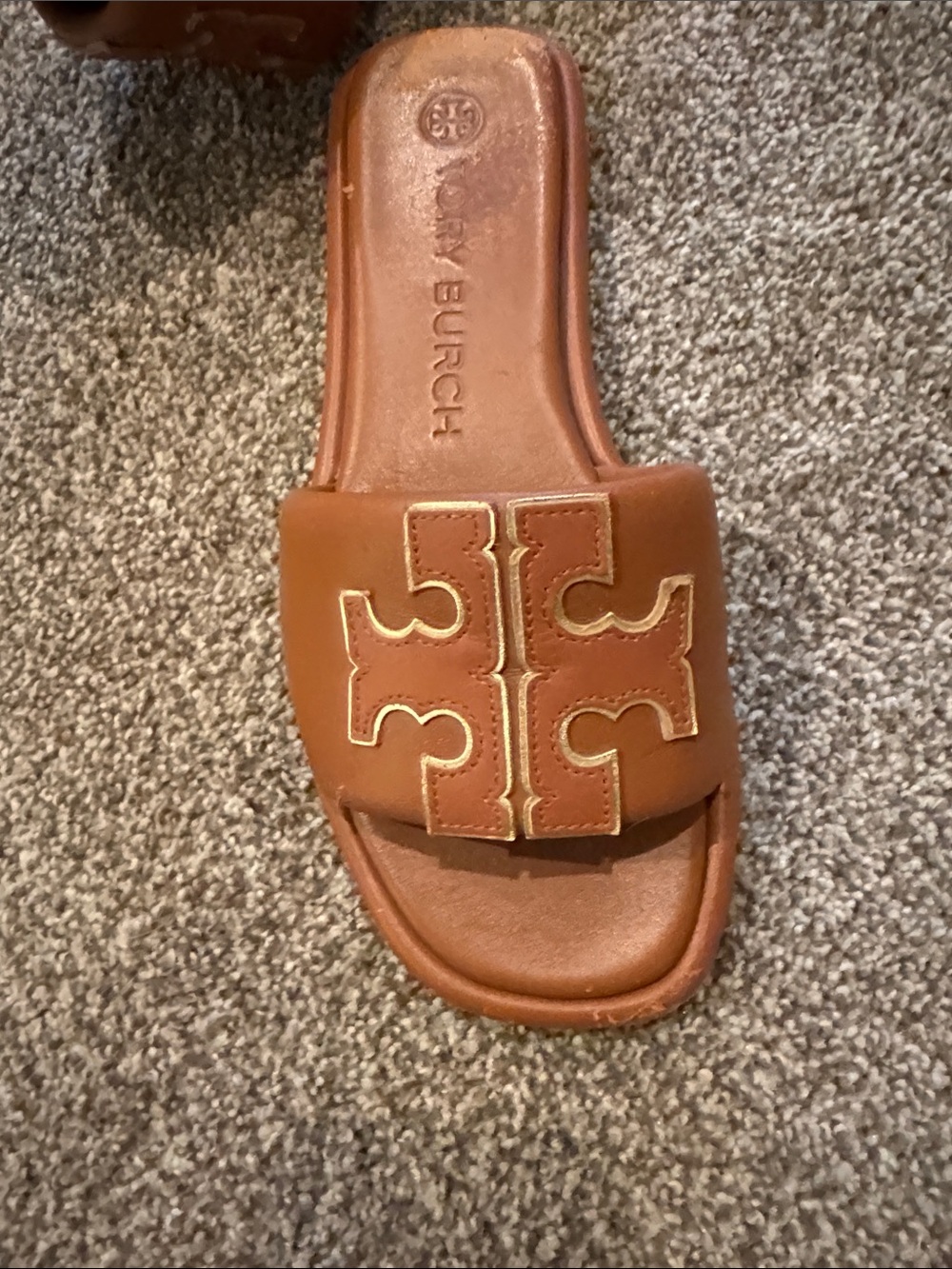 Tory Burch Cognac Leather Logo Slide Sandals - Picture 5 of 5